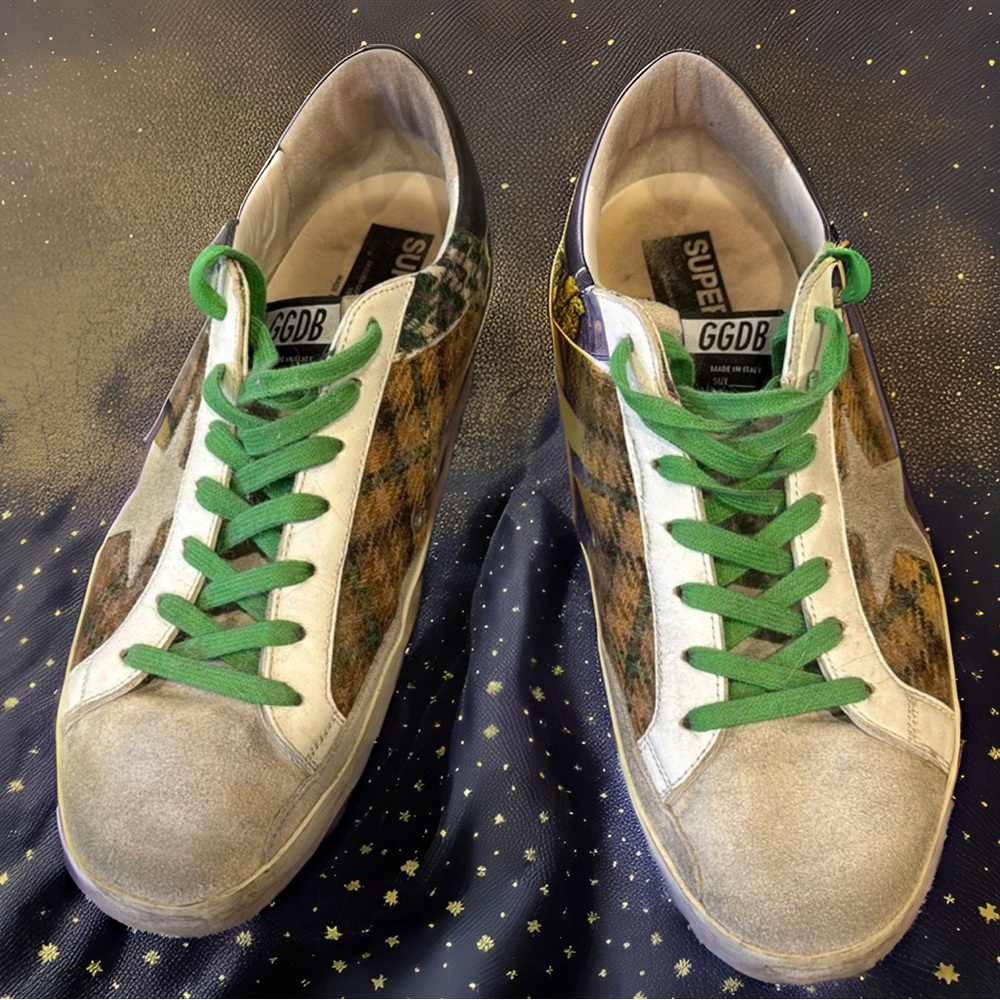 Golden Goose Superstar - plaid design with leather detailing & green laces - Picture 1 of 12